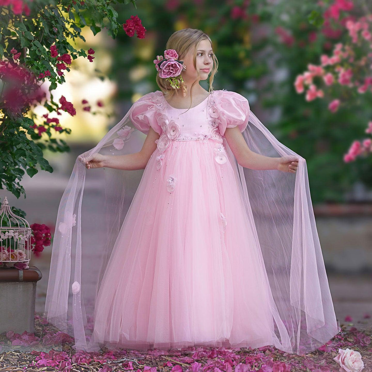 Jill Wish Sky Blue Arabic Girl Dresses Crystal with Cape 3D Flowers Puff Sleeves J098