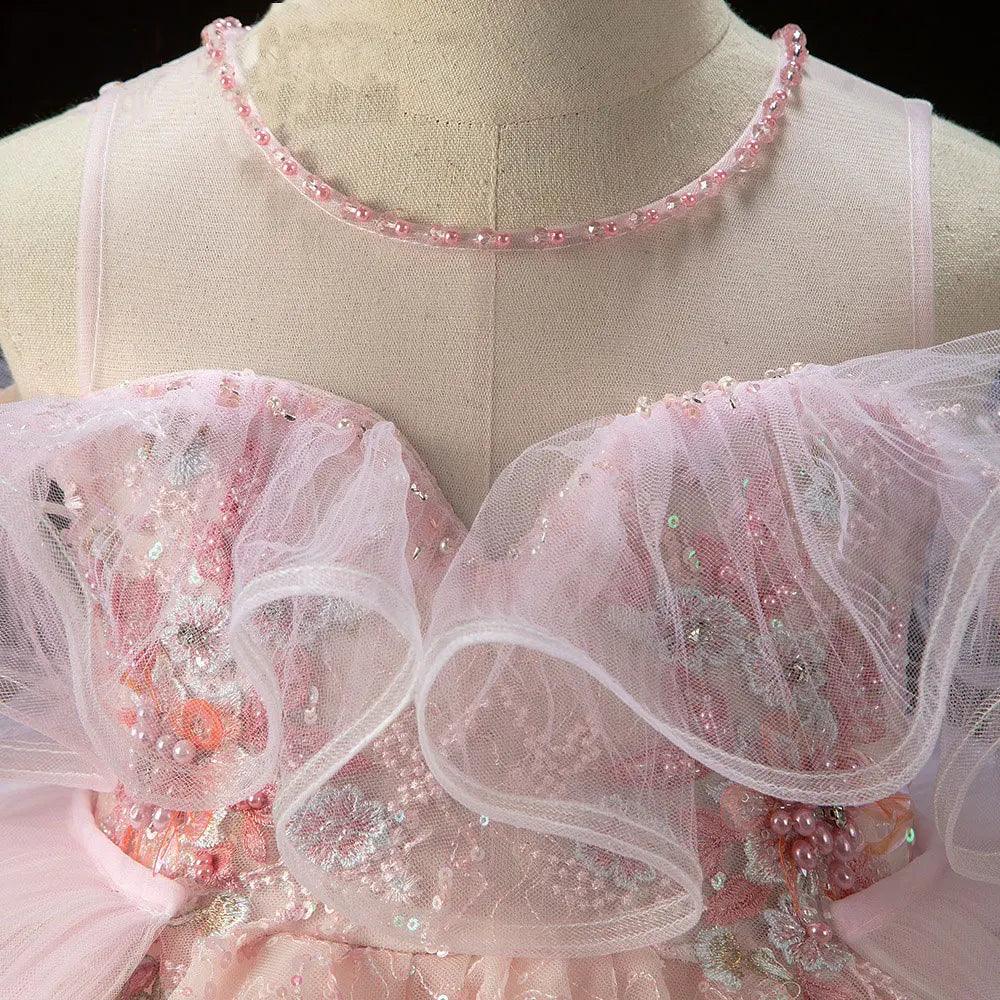 Jill Wish Sparkly Arabic Pink Girl Dress Beaded Pearls Dubai Kids Princess J047
