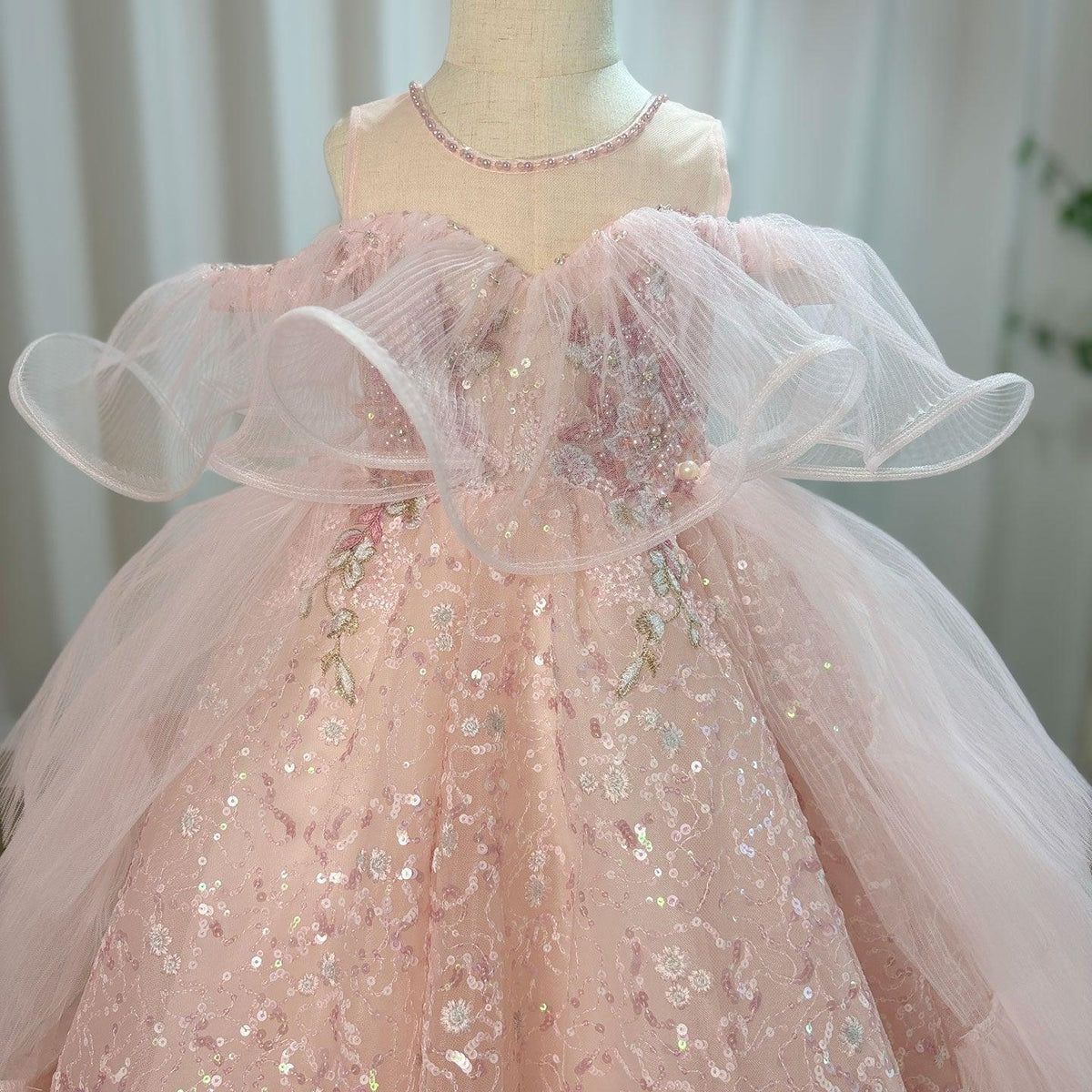 Jill Wish Sparkly Arabic Pink Girl Dress Beaded Pearls Dubai Kids Princess J047