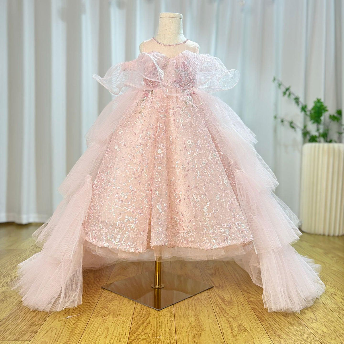 Jill Wish Sparkly Arabic Pink Girl Dress Beaded Pearls Dubai Kids Princess J047