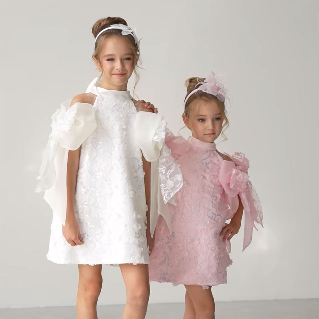 Qamar Girls White Pearl-Embellished Party Dress