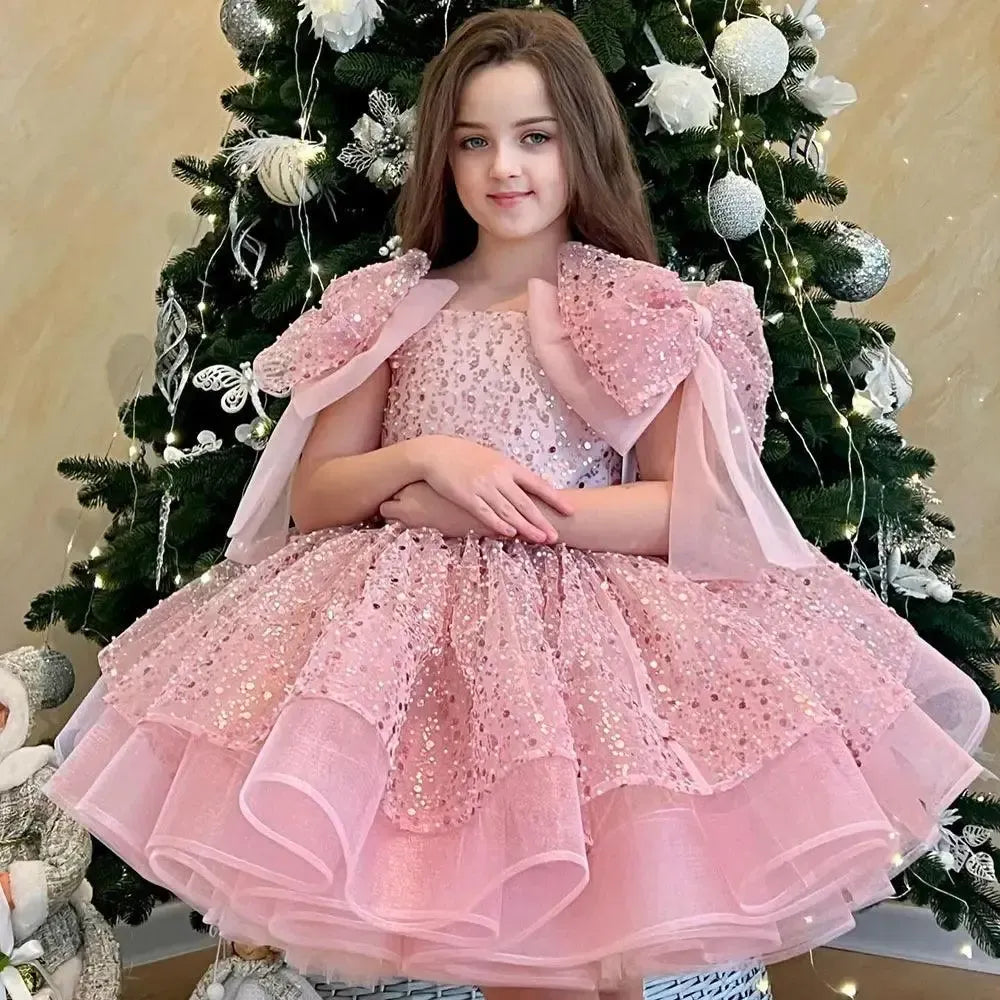 Jill Wish Sparkly White Girl Dress Big Bow Champagne Pink Princess J343