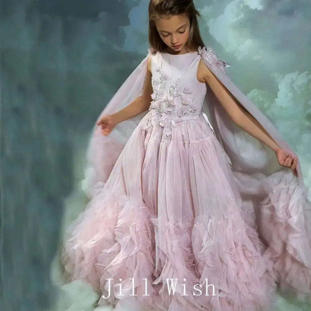 Jill Wish White Flower Girl Dress Beading Pearls with Cape Princess Kids J070