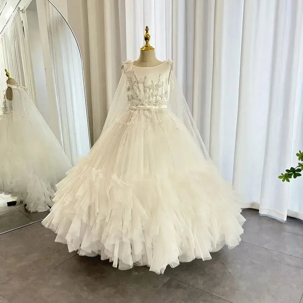 Jill Wish White Flower Girl Dress Beading Pearls with Cape Princess Kids J070