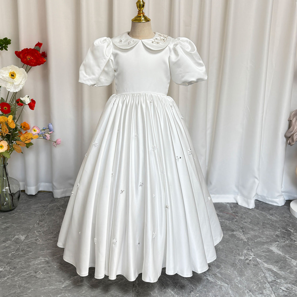 Jill Wish White Satin Girl Dress Ankle Length for Birthday Wedding Party J171