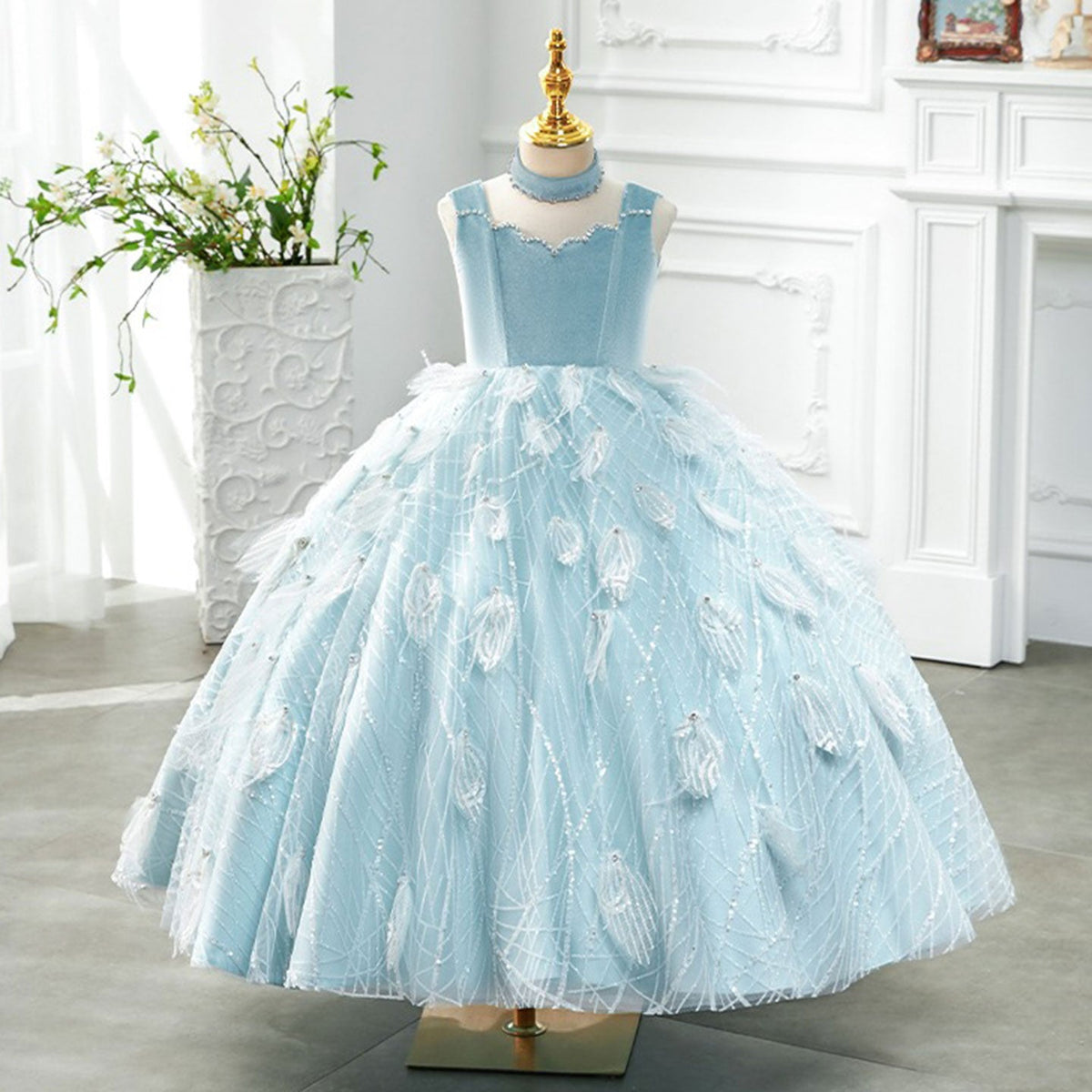 Jill WishLuxury Dubai Sky Blue Girl dresses High-Neck Feather J128