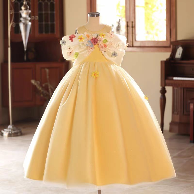 Jill Yellow 3D Flowers Girl Dress for Birthday Pageant Party J081