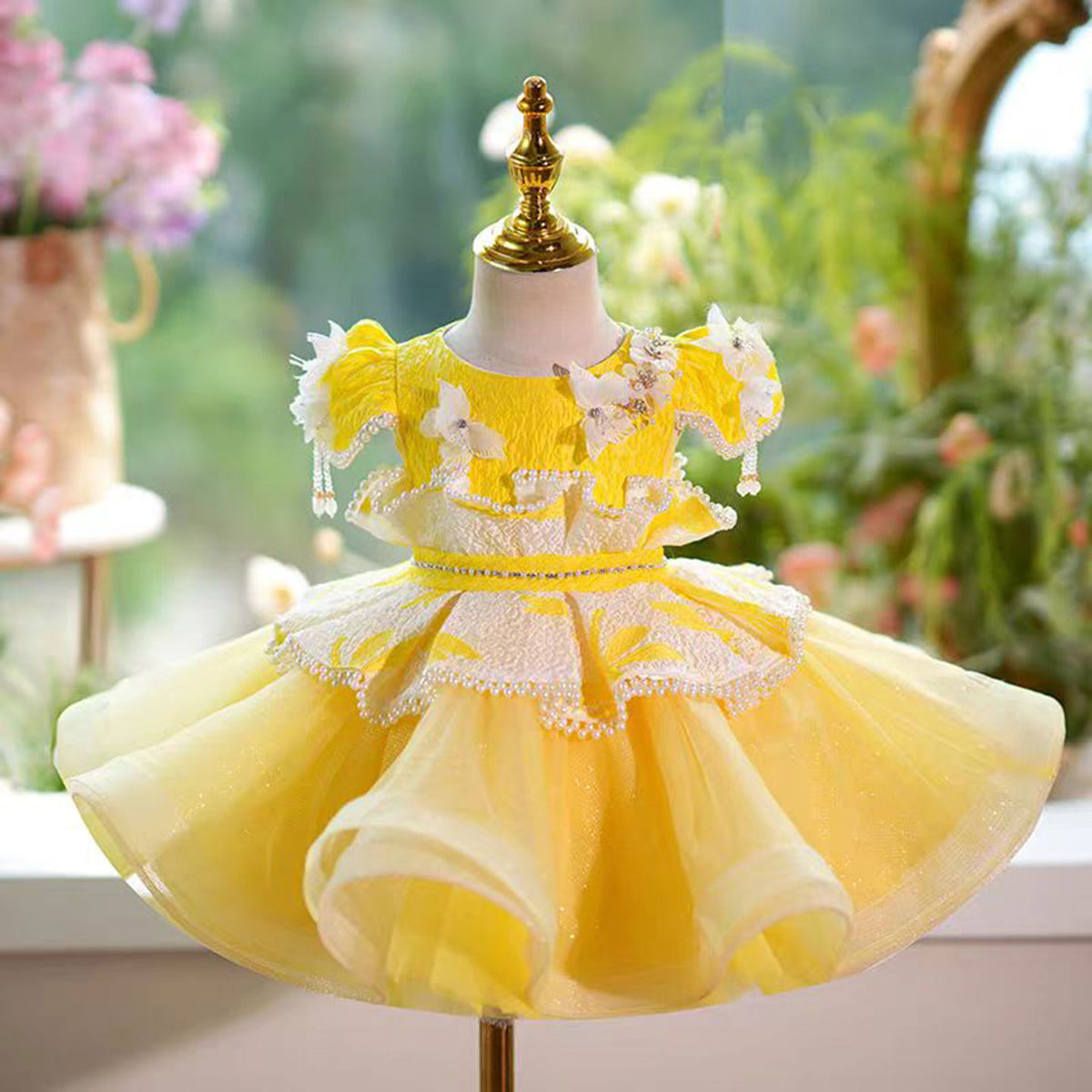 Jill Yellow Flower Girl Dress Princess Kids 1st Birthday Ball Gown J785