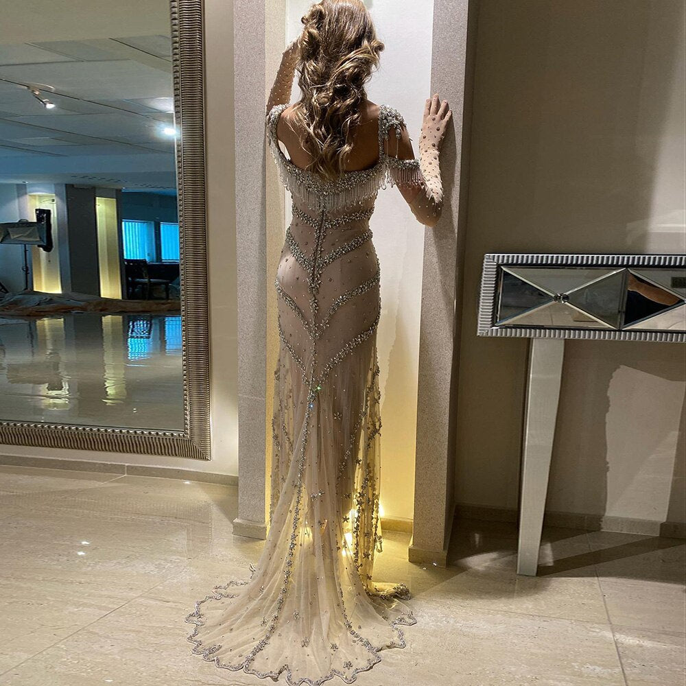 Kendall Jenner Nude Mermaid Luxury Dubai Evening Dresses Crystal Tassel Long SS358