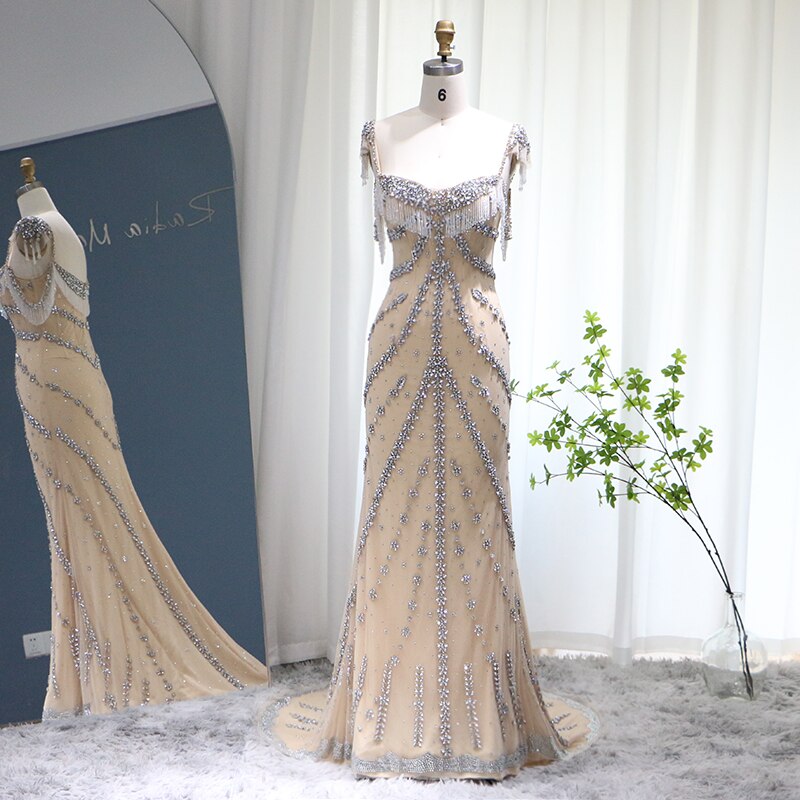 Kendall Jenner Nude Mermaid Luxury Dubai Evening Dresses Crystal Tassel Long SS358