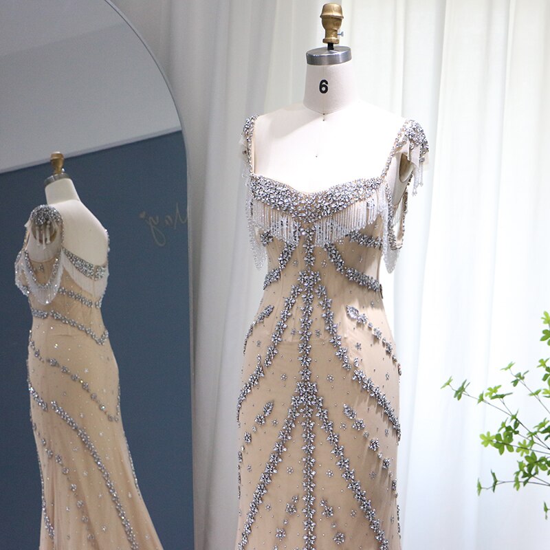 Kendall Jenner Nude Mermaid Luxury Dubai Evening Dresses Crystal Tassel Long SS358