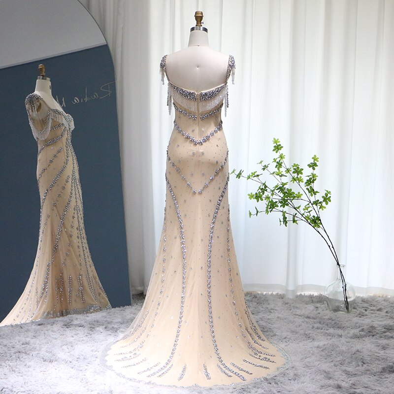 Kendall Jenner Nude Mermaid Luxury Dubai Evening Dresses Crystal Tassel Long SS358