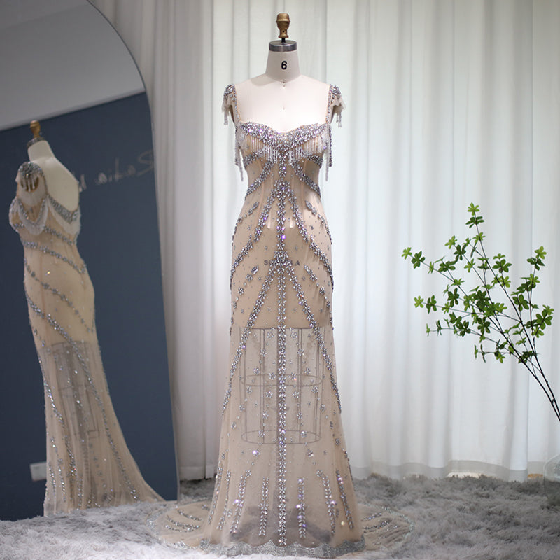 Kendall Jenner Nude Mermaid Luxury Dubai Evening Dresses Crystal Tassel Long SS358