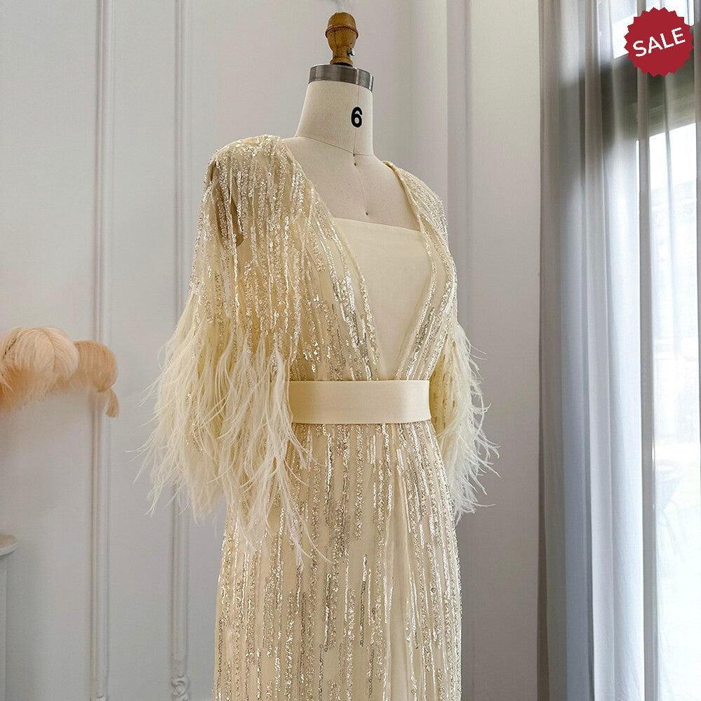 Light Yellow Luxury Dubai Feathers Evening Dresses for Women Wedding Party Arabic SS430