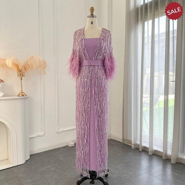 Light Yellow Luxury Dubai Feathers Evening Dresses for Women Wedding Party Arabic SS430
