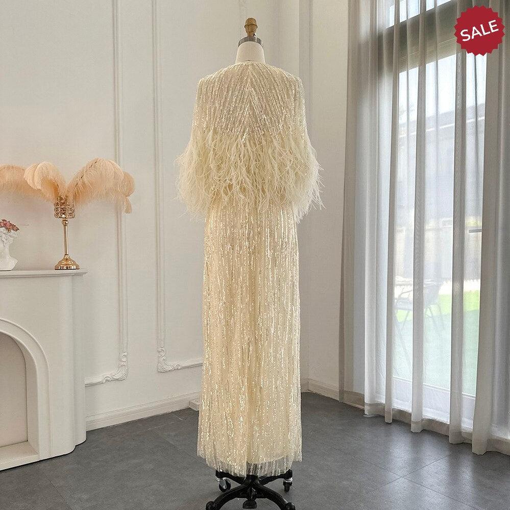 Light Yellow Luxury Dubai Feathers Evening Dresses for Women Wedding Party Arabic SS430