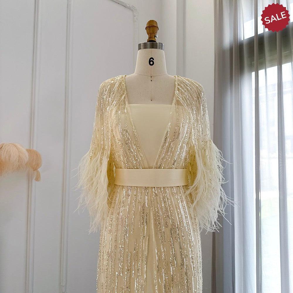 Light Yellow Luxury Dubai Feathers Evening Dresses for Women Wedding Party Arabic SS430