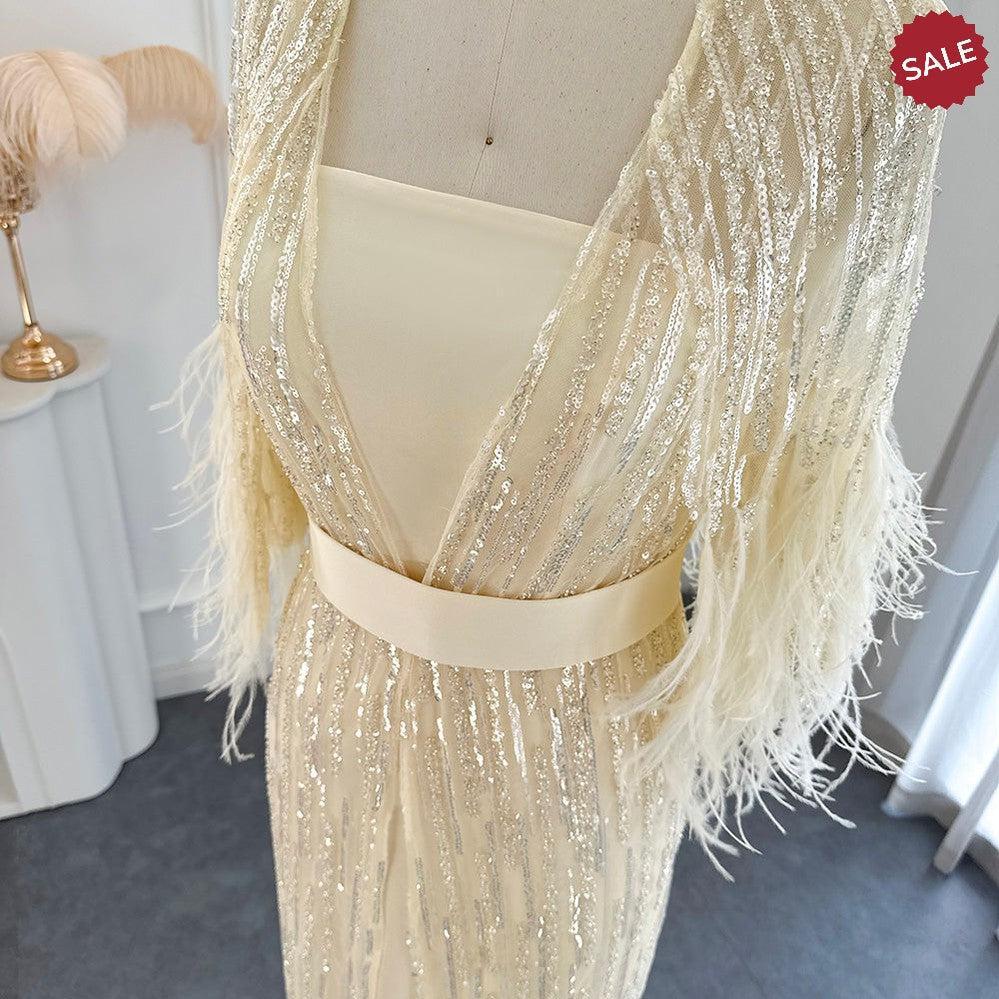Light Yellow Luxury Dubai Feathers Evening Dresses for Women Wedding Party Arabic SS430