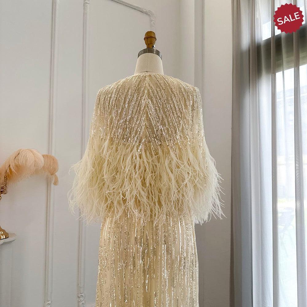 Light Yellow Luxury Dubai Feathers Evening Dresses for Women Wedding Party Arabic SS430