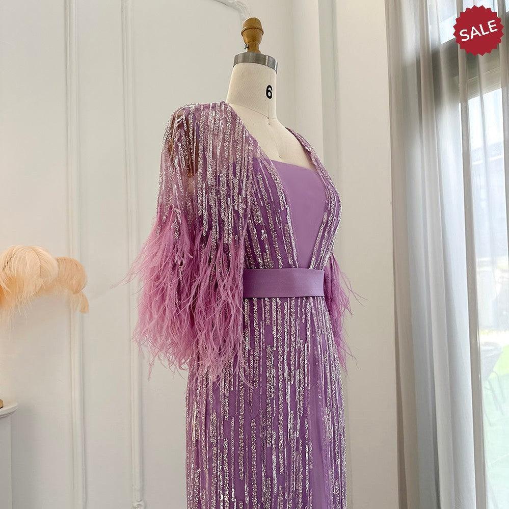 Light Yellow Luxury Dubai Feathers Evening Dresses for Women Wedding Party Arabic SS430