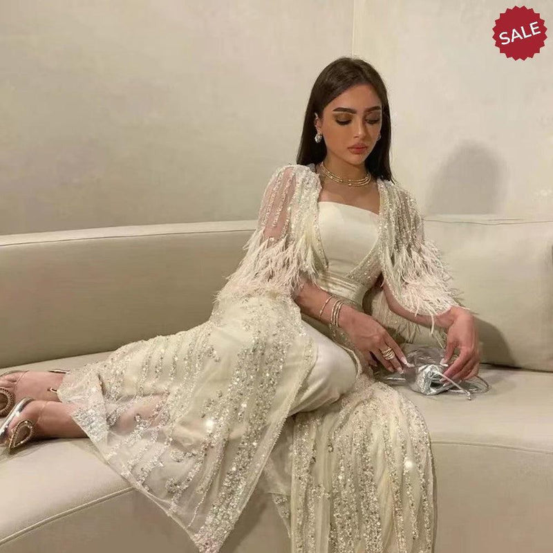 Light Yellow Luxury Dubai Feathers Evening Dresses for Women Wedding Party Arabic SS430