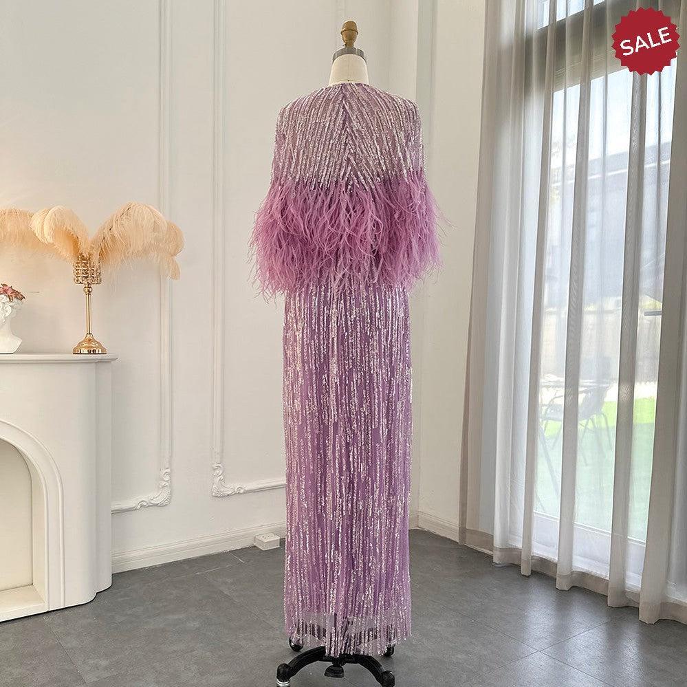 Light Yellow Luxury Dubai Feathers Evening Dresses for Women Wedding Party Arabic SS430