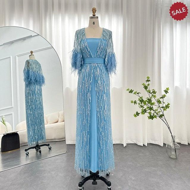 Light Yellow Luxury Dubai Feathers Evening Dresses for Women Wedding Party Arabic SS430