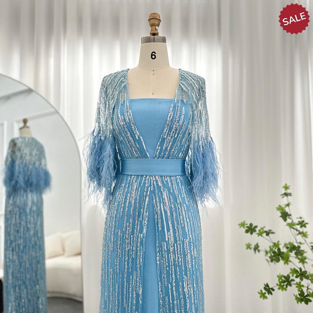 Light Yellow Luxury Dubai Feathers Evening Dresses for Women Wedding Party Arabic SS430