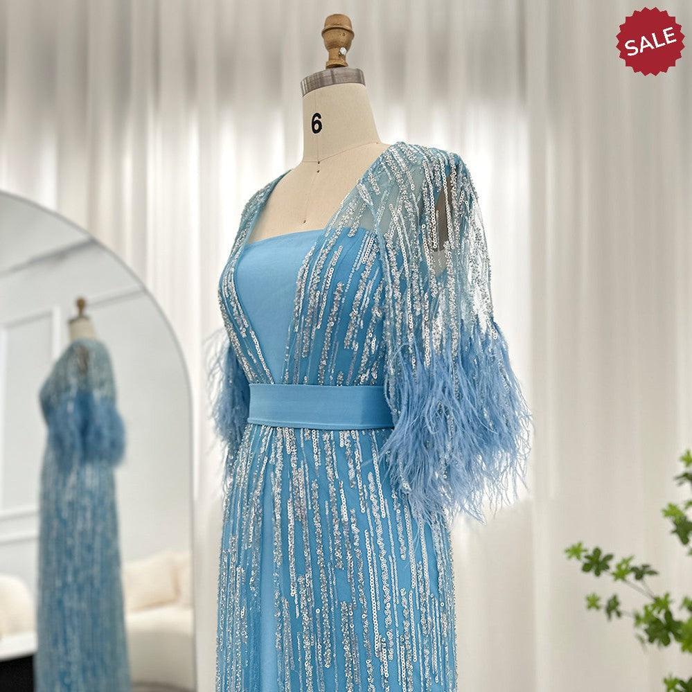 Light Yellow Luxury Dubai Feathers Evening Dresses for Women Wedding Party Arabic SS430