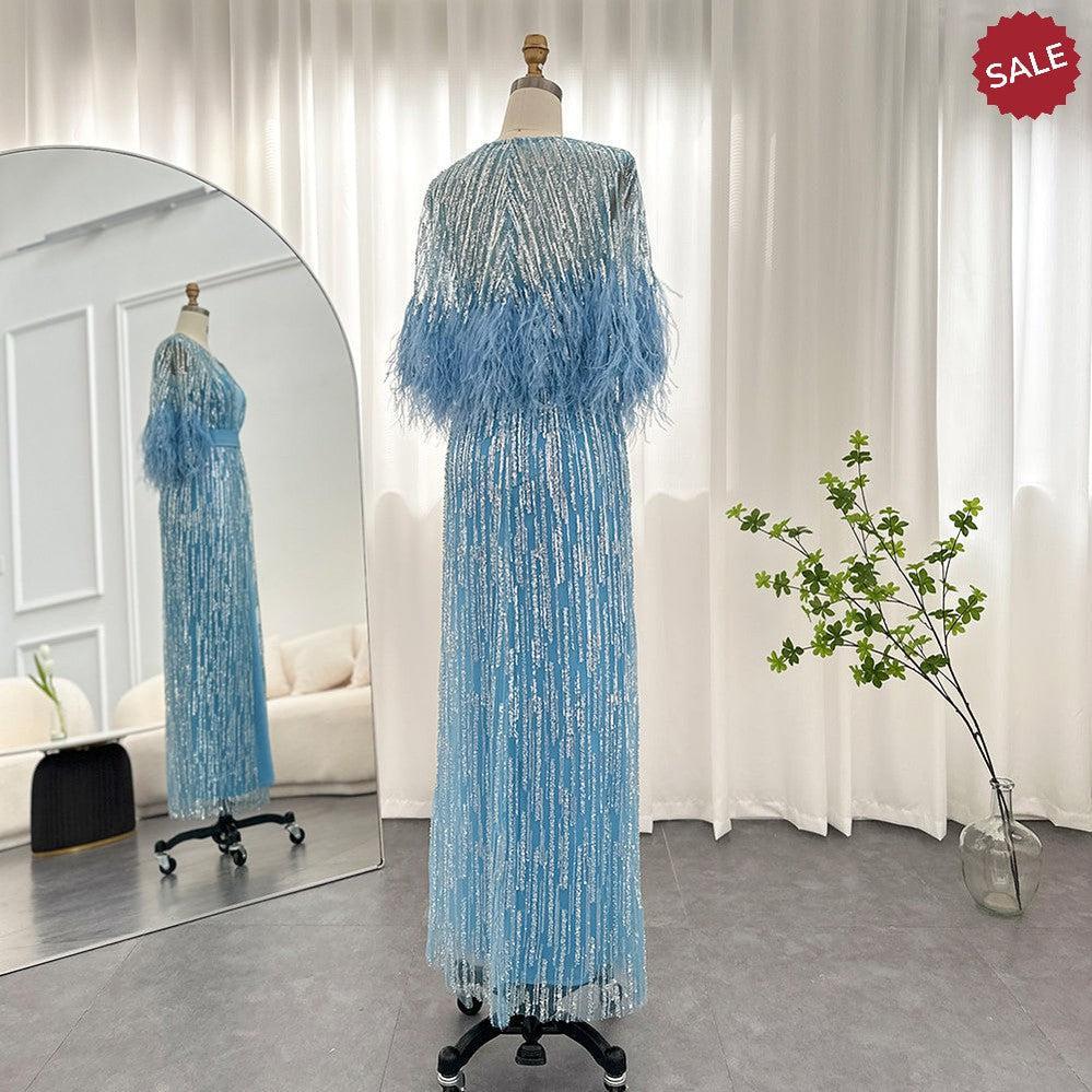 Light Yellow Luxury Dubai Feathers Evening Dresses for Women Wedding Party Arabic SS430