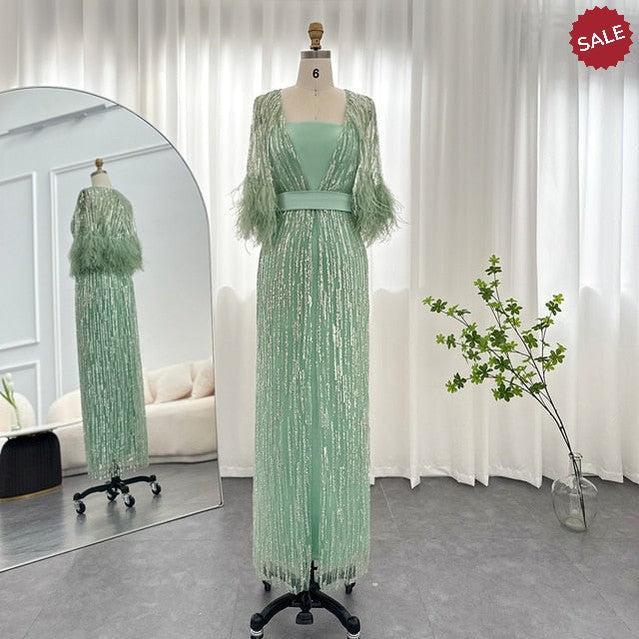 Light Yellow Luxury Dubai Feathers Evening Dresses for Women Wedding Party Arabic SS430