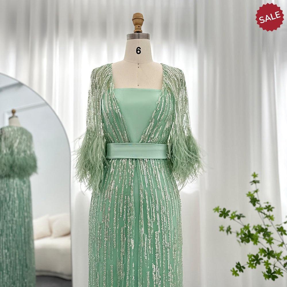 Light Yellow Luxury Dubai Feathers Evening Dresses for Women Wedding Party Arabic SS430