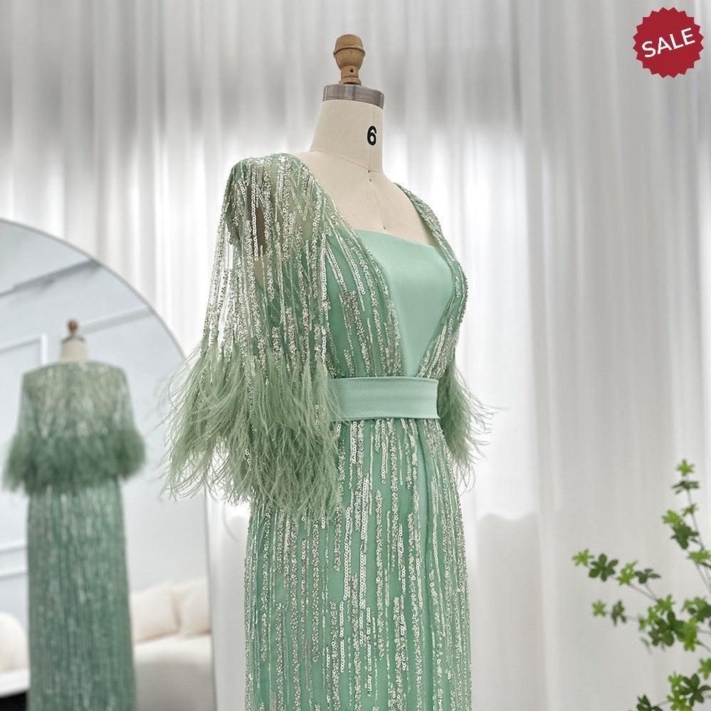 Light Yellow Luxury Dubai Feathers Evening Dresses for Women Wedding Party Arabic SS430