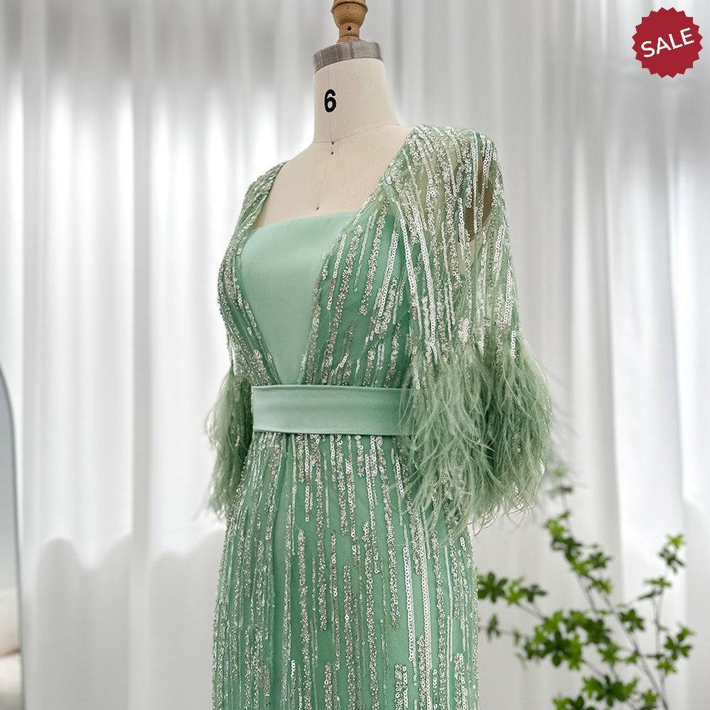 Light Yellow Luxury Dubai Feathers Evening Dresses for Women Wedding Party Arabic SS430