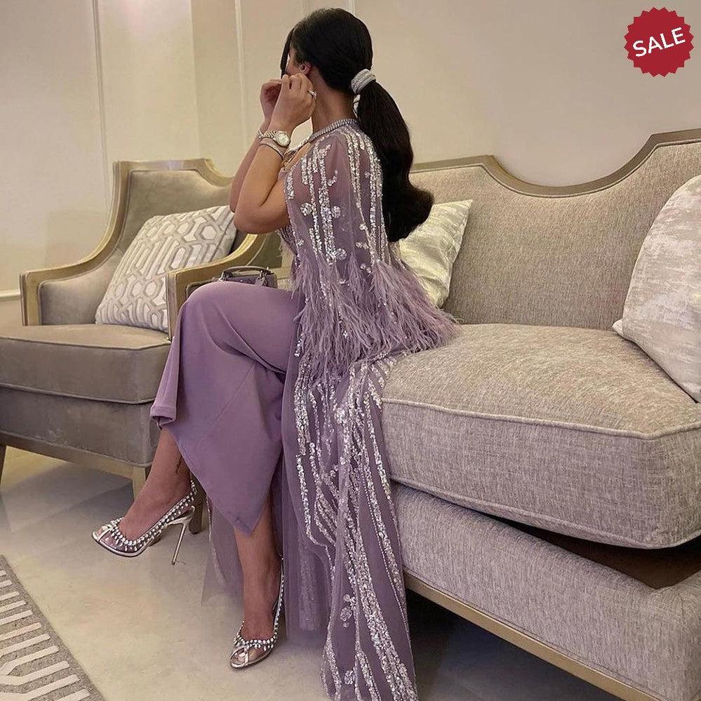 Light Yellow Luxury Dubai Feathers Evening Dresses for Women Wedding Party Arabic SS430