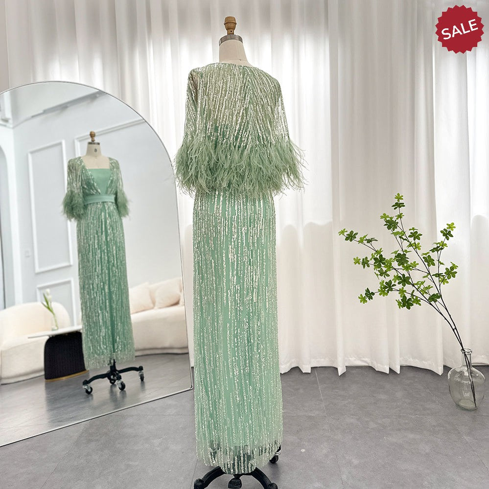 Light Yellow Luxury Dubai Feathers Evening Dresses for Women Wedding Party Arabic SS430