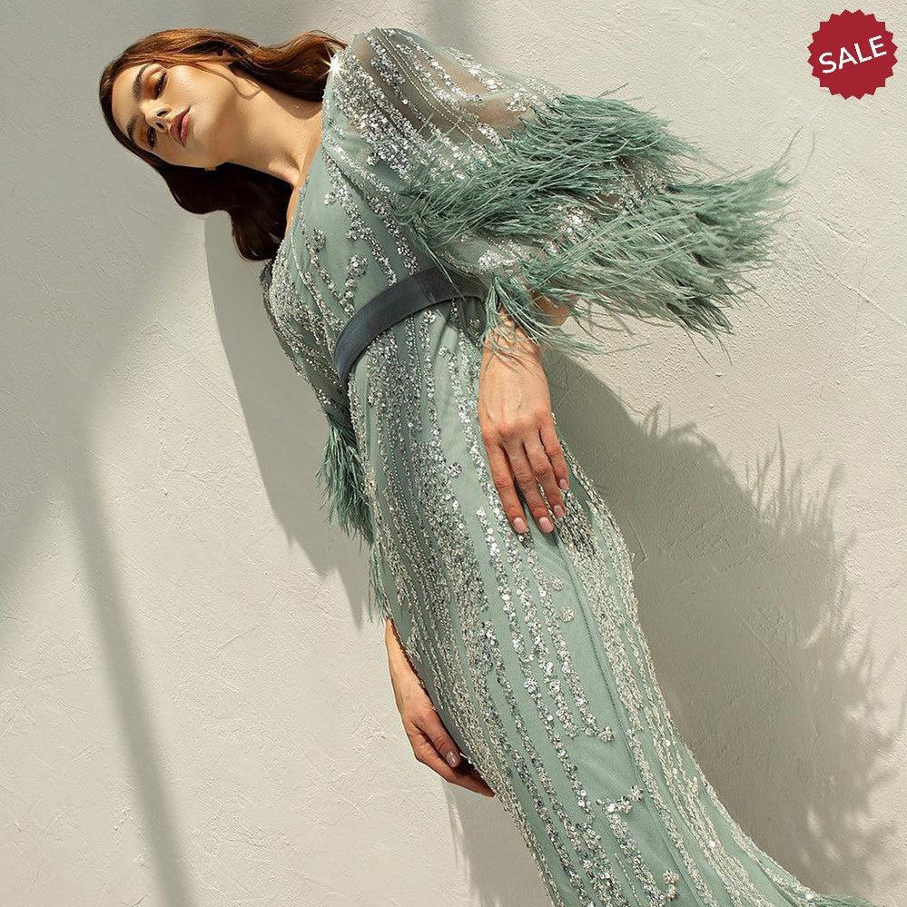 Light Yellow Luxury Dubai Feathers Evening Dresses for Women Wedding Party Arabic SS430