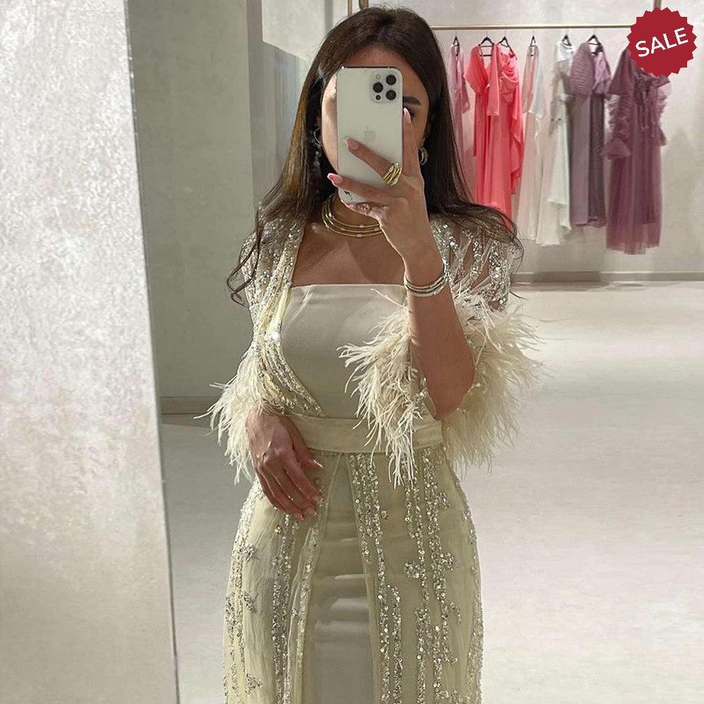 Light Yellow Luxury Dubai Feathers Evening Dresses for Women Wedding Party Arabic SS430