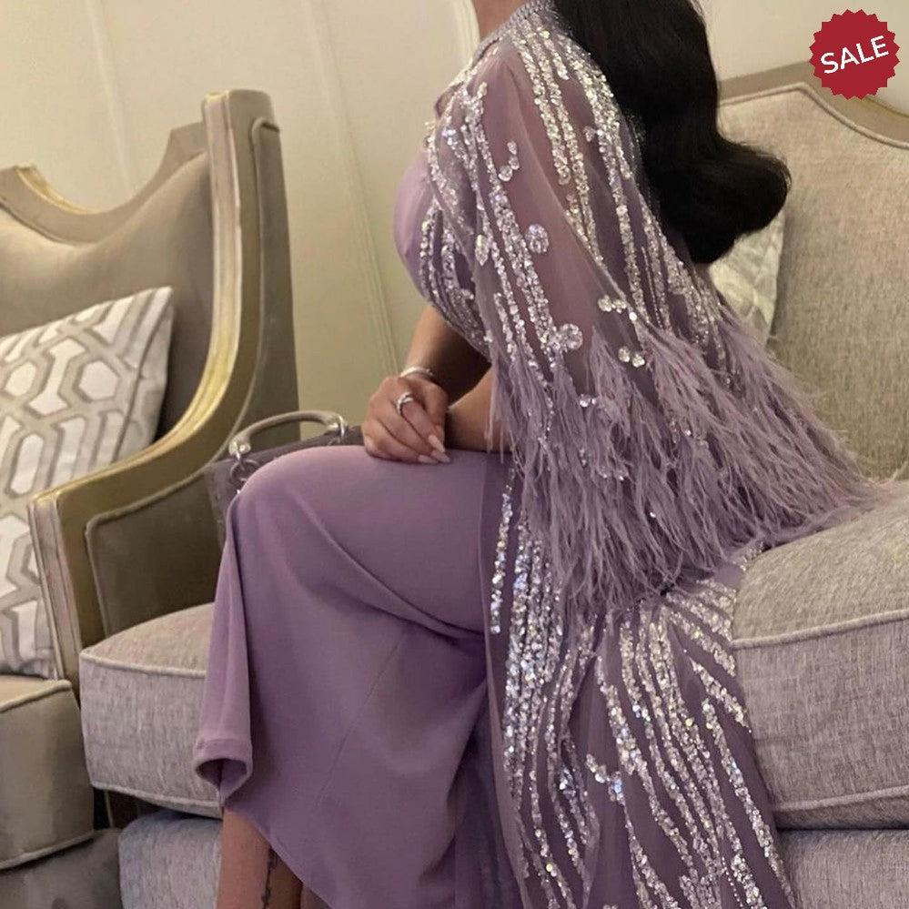 Light Yellow Luxury Dubai Feathers Evening Dresses for Women Wedding Party Arabic SS430