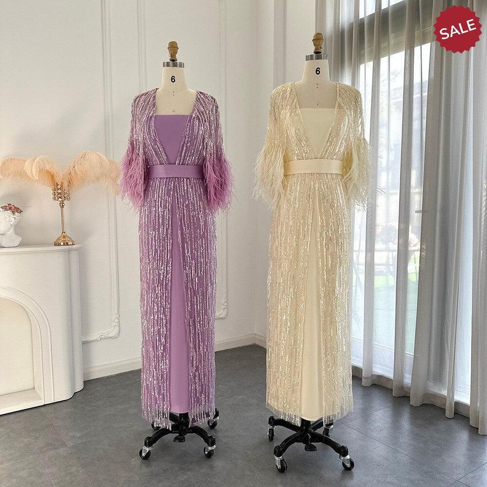 Light Yellow Luxury Dubai Feathers Evening Dresses for Women Wedding Party Arabic SS430