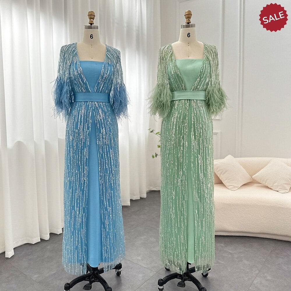 Light Yellow Luxury Dubai Feathers Evening Dresses for Women Wedding Party Arabic SS430