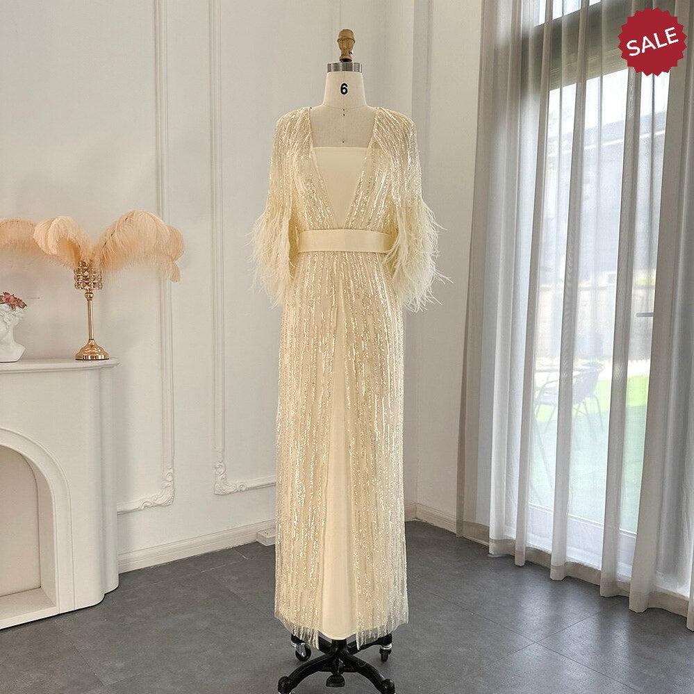 Light Yellow Luxury Dubai Feathers Evening Dresses for Women Wedding Party Arabic SS430