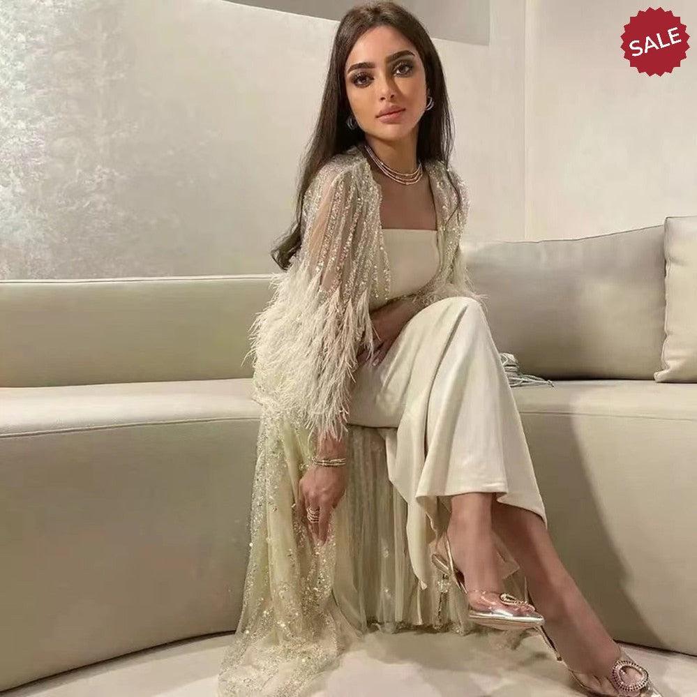 Light Yellow Luxury Dubai Feathers Evening Dresses for Women Wedding Party Arabic SS430