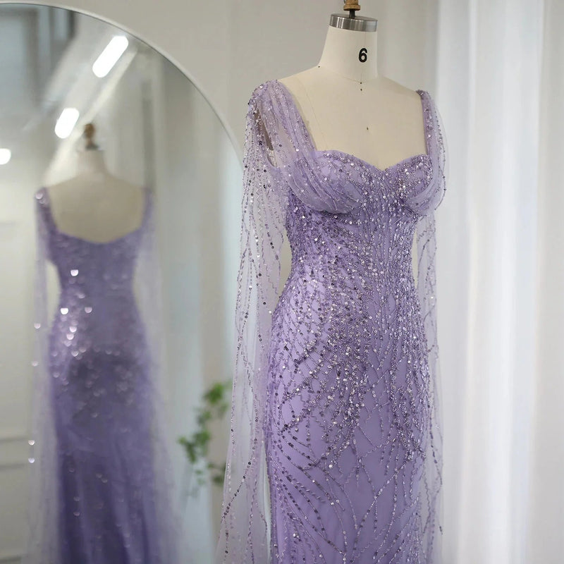 Lilac Mermaid Luxury Dubai Evening Dresses with Cape Sleeves Elegant SS237