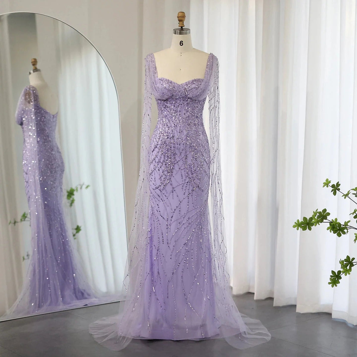 Lilac Mermaid Luxury Dubai Evening Dresses with Cape Sleeves Elegant SS237