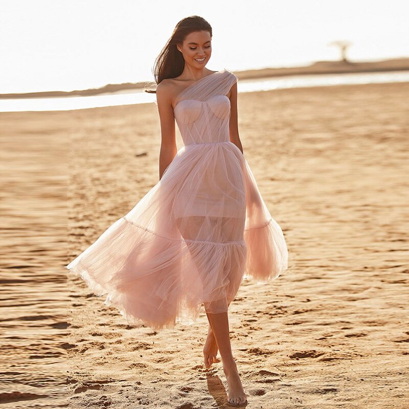 Lilac Tulle One Shoulder Short Evening Dress Ruffled Tea Length Pink Cocktail Party Dresses
