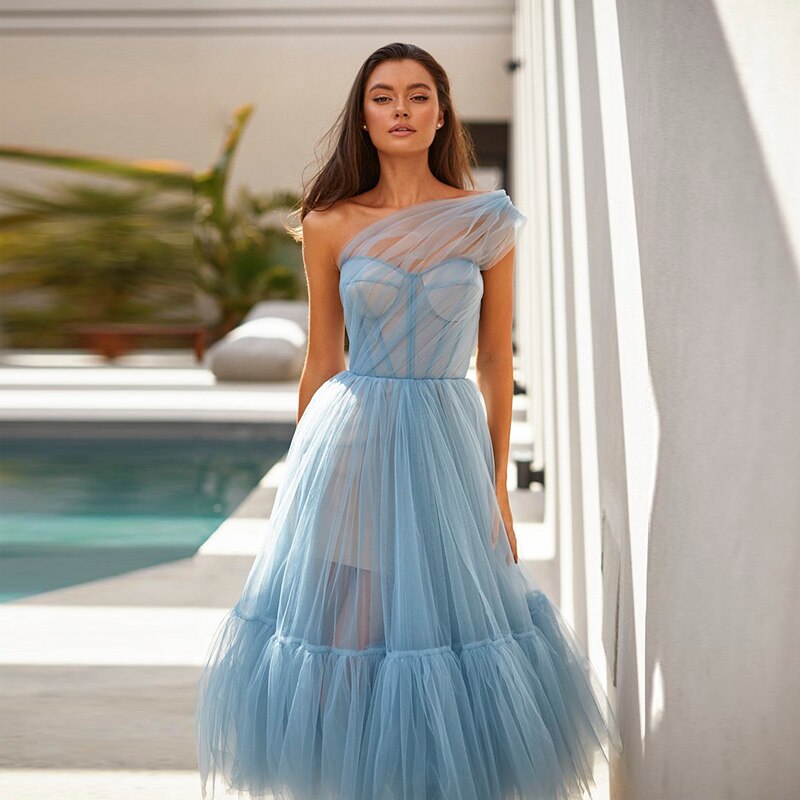 Lilac Tulle One Shoulder Short Evening Dress Ruffled Tea Length Pink Cocktail Party Dresses