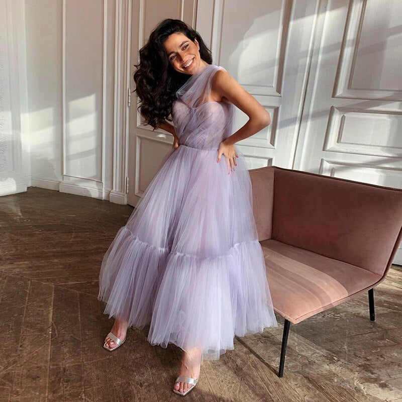 Lilac Tulle One Shoulder Short Evening Dress Ruffled Tea Length Pink Cocktail Party Dresses