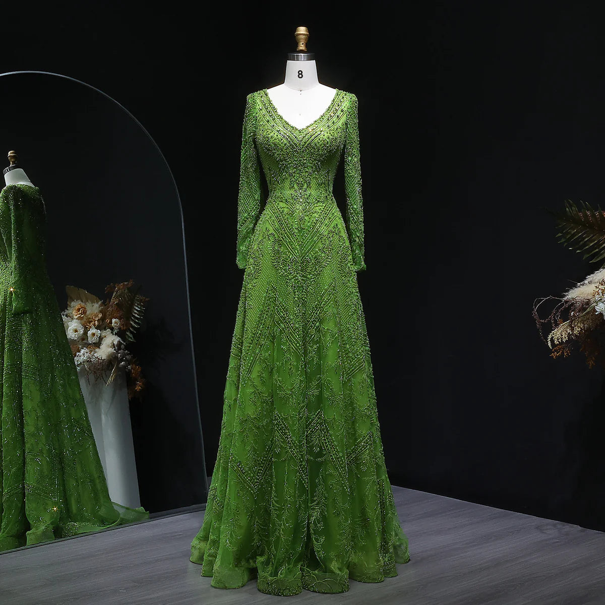 Glamorous Lime Green Sparkling Beaded Evening Dress with Long Sleeves SS110