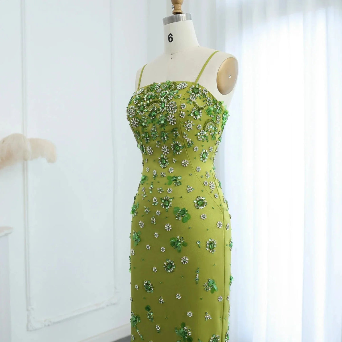 Luxury 3D Floral Beaded Short Green Evening Dress Spaghetti Straps SS233
